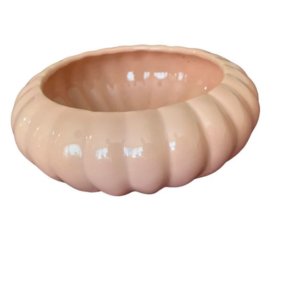 Haeger Floral Pottery MCM Ribbed Shallow Pink Vase Planter w Sticker 8" x 3" - Picture 2 of 8